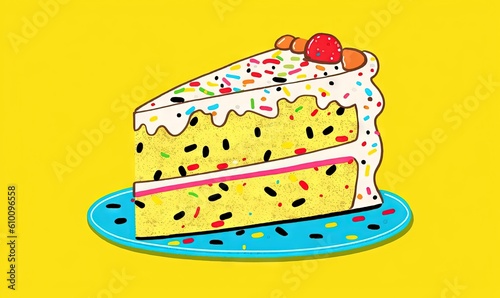  a piece of cake with sprinkles on a blue plate on a yellow background with a strawberry on top of the cake and the cake.  generative ai