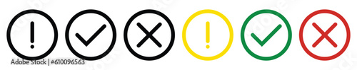 Set of flat round check mark, exclamation point, X mark icons, buttons on a isolated background. Green black red yellow vector circle symbols. Red check mark icon vector. Stock vector. Vector	