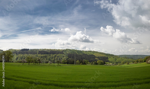 wide green landscape with hills and with amazing cumulus clouds