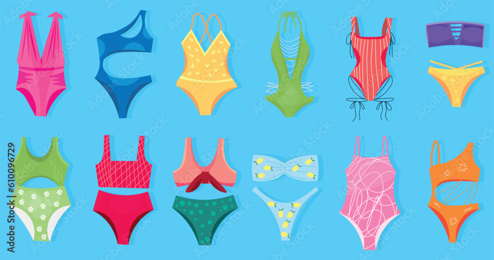 Many different swimming suits on light blue background