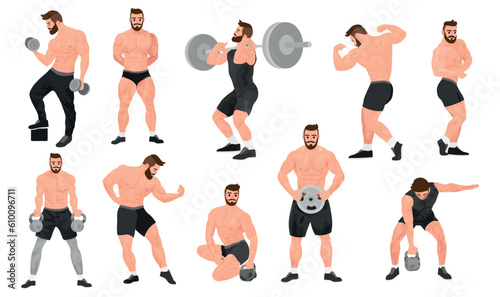 Set of muscled bodybuilders on white background
