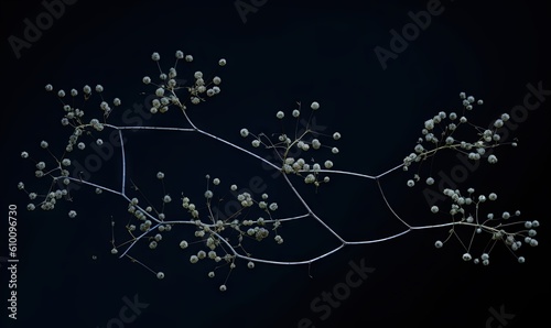  a branch with white flowers on it against a black background with a black background and a black background with a black background and a white branch with white flowers.  generative ai
