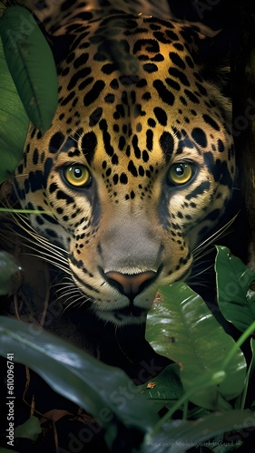 A pair of inquisitive eyes peer from the dense foliage  as a majestic jaguar prowls stealthily through the jungle  its powerful muscles rippling beneath its spotted coat  Generative AI