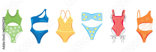 Set of different swimming suits on white background