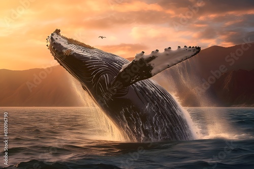 The gentle giants of the deep, magnificent humpback whales, breach the surface of the vast ocean, their massive bodies soaring through the air in a display of raw power and elegance, Generative AI
