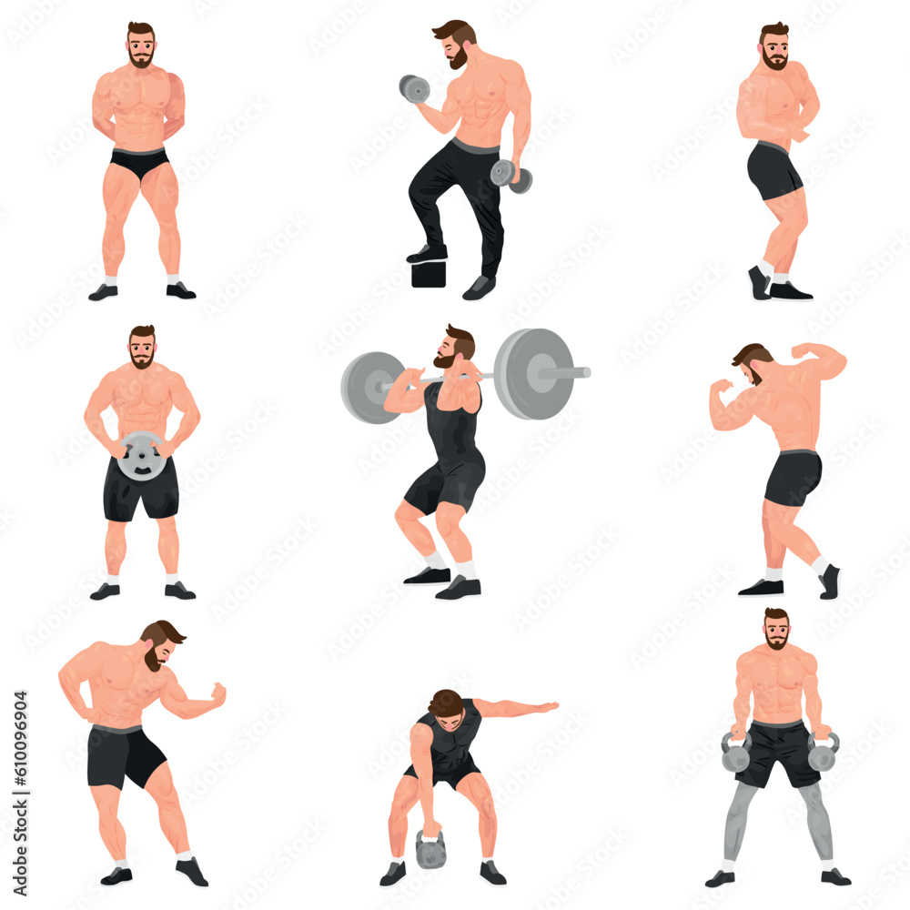 Set of muscled bodybuilders on white background Set of muscled bodybuilders on white background