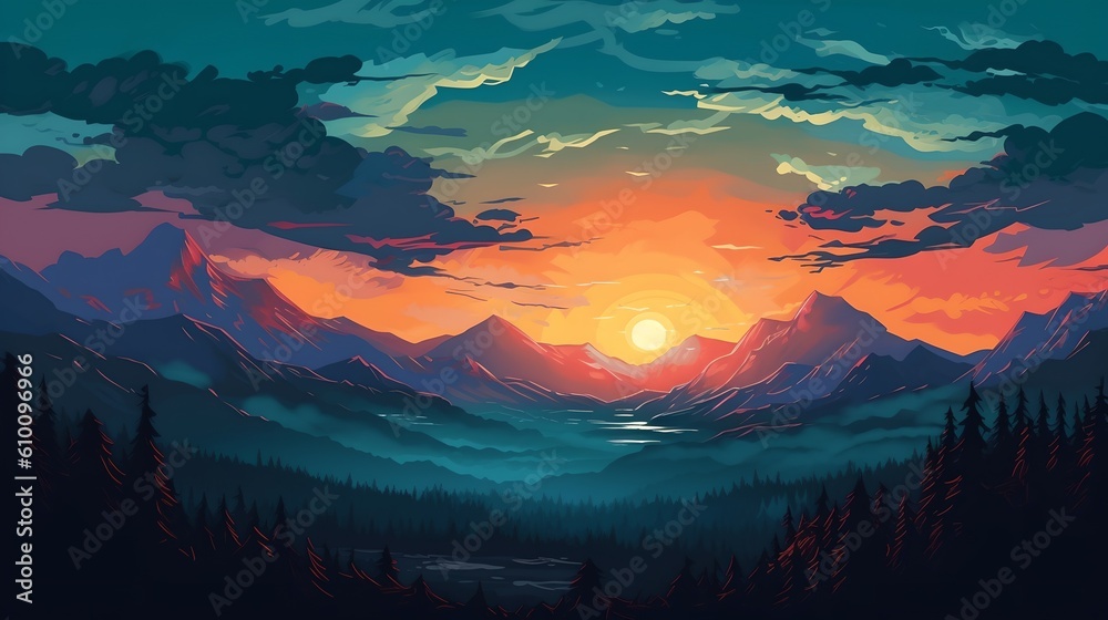 Landscape at sunset, generative AI