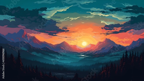 Landscape at sunset, generative AI