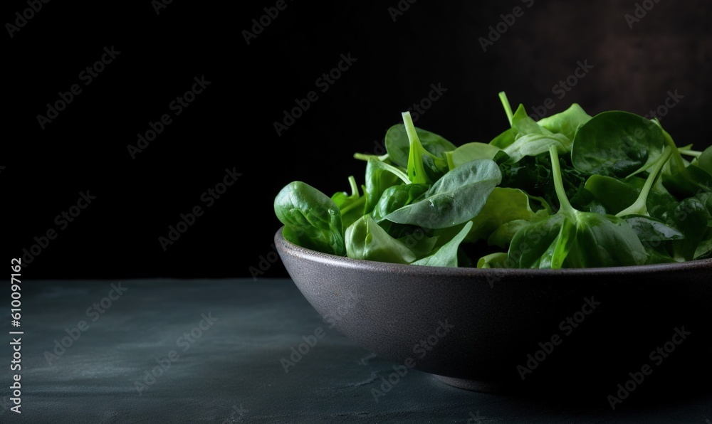 a bowl filled with lettuce sitting on top of a table next to a black wall and a black table cloth on the floor. generative ai a bowl filled with lettuce sitting on top of a table next to a black wall and a black table cloth on the floor. generative ai
