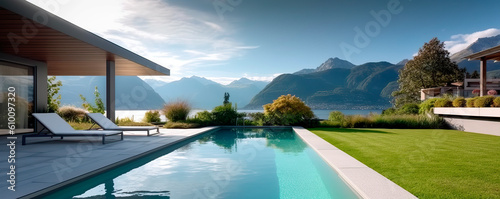 Exterior modern white villa with pool and garden. Generative AI