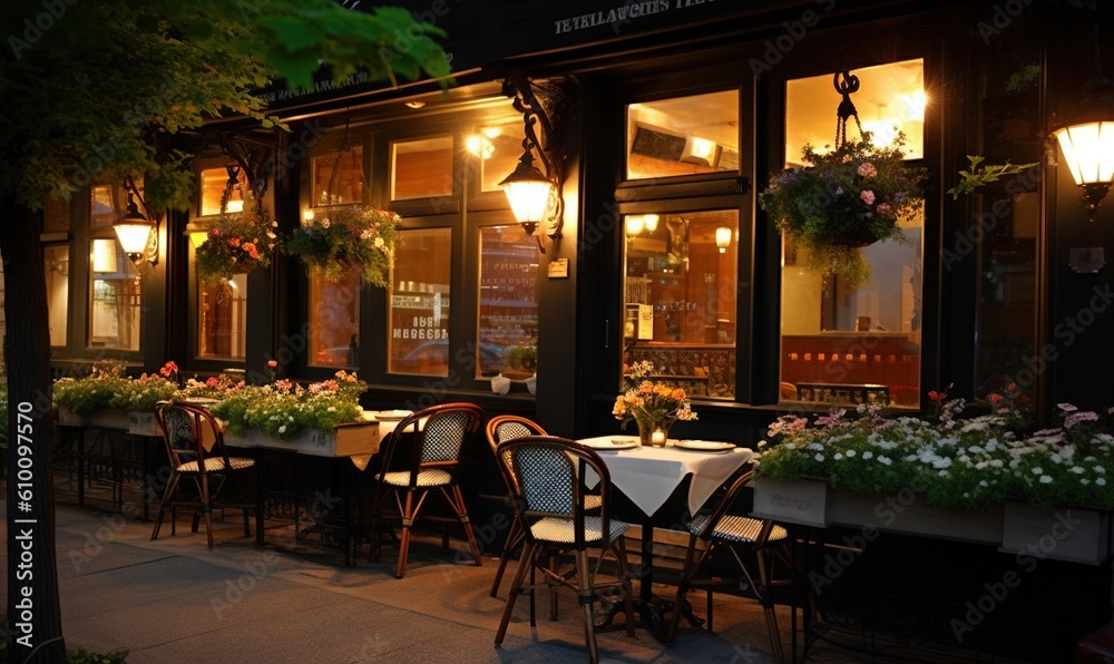  tables and chairs outside of a restaurant with flowers in the window and lights on the outside of the building and a tree in front of the restaurant.  generative ai
