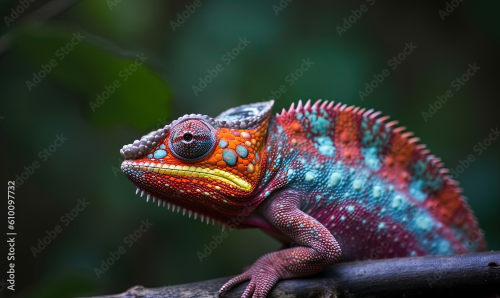 a colorful chamelon sitting on a branch in a forest setting with green leaves in the back ground and a blurry background of leaves in the foreground. generative ai a colorful chamelon sitting on a branch in a forest setting with green leaves in the back ground and a blurry background of leaves in the foreground. generative ai