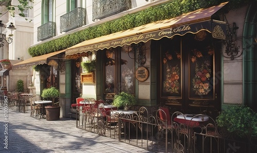  a row of tables and chairs outside of a building with a awning over it's windows and a sidewalk with a sidewalk lined with tables and chairs. generative ai