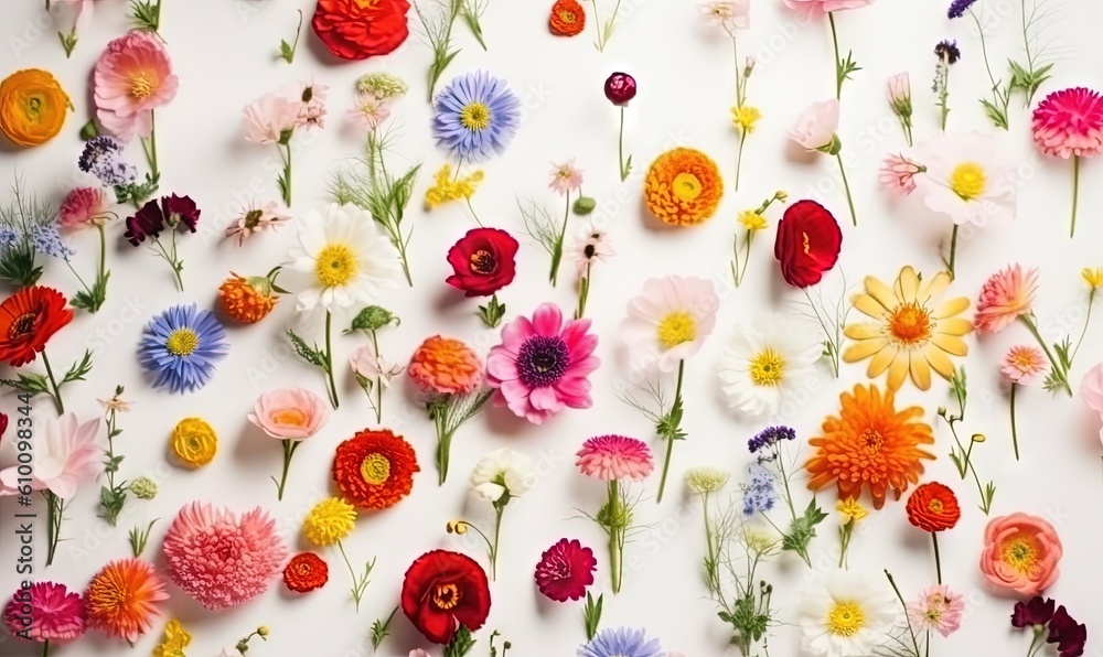 a bunch of flowers that are on a white surface with a white wall in the background and a white wall in the middle of the picture. generative ai a bunch of flowers that are on a white surface with a white wall in the background and a white wall in the middle of the picture. generative ai