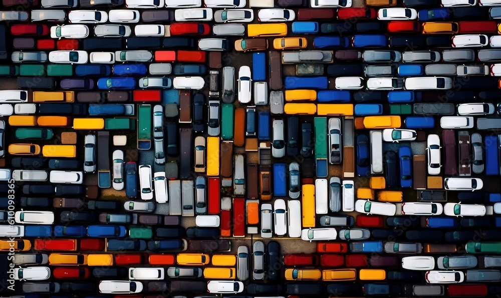  a large group of cars parked in a parking lot next to each other on a wall covered in multicolored tiles of different sizes.  generative ai
