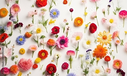  a bunch of flowers that are on a white surface with a white wall in the background and a white wall in the middle of the picture. generative ai
