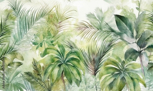  a watercolor painting of tropical plants and leaves on a white background with a green and blue background and a white background with a blue border.  generative ai