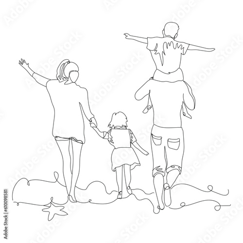 Running big family at sea resort, back view