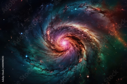 Enchanting and mystical image of a spiral galaxy with a bright and colorful aura, radiating energy and wonder, generative ai © aicandy
