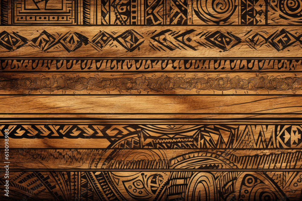 Engraved tribal patterns in warm earth tones on a rustic wooden surface, generative ai
