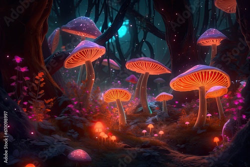ethereal and mystical psychedelic forest with glowing neon mushrooms  flowers  and trees that emit a surreal and dreamlike glow  generative ai