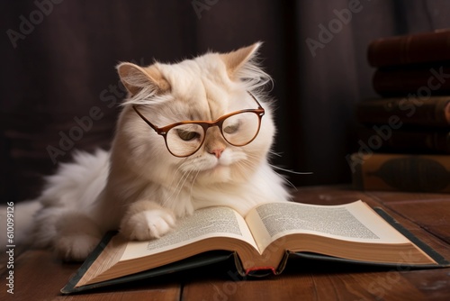 Fluffy cat in the glasses reading a book on wooden table. Generative AI.