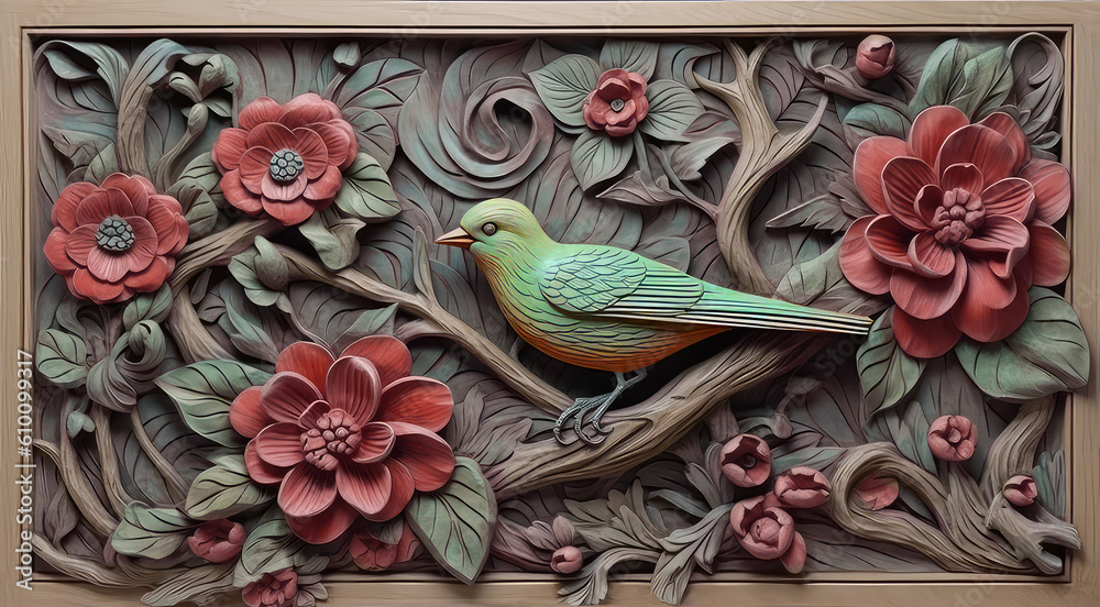 Painted wood plank carving, framed floral design with carved branches and leaves, red flowers and a colorful bird. Abstract illustration created with Generative AI technology. Painted wood plank carving, framed floral design with carved branches and leaves, red flowers and a colorful bird. Abstract illustration created with Generative AI technology.
