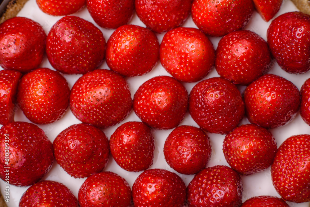 Delicious sweet cake or cheesecake with mascarpone cheese and strawberries Delicious sweet cake or cheesecake with mascarpone cheese and strawberries