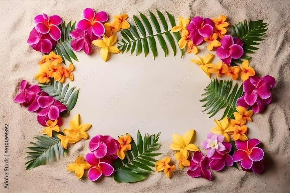 Tropical flowers on the sand with copy space, beige background. Generative AI. Tropical flowers on the sand with copy space, beige background. Generative AI.