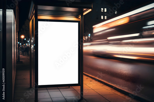 Modern Advertisement billboard in street, Vertical blank digital billboard mockup at bus stop in city street, Outdoor billboard mockup for advertisement placement