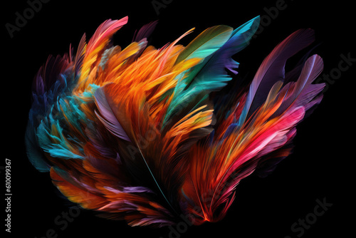 Feather explosion in vibrant hues against a black background  generative ai