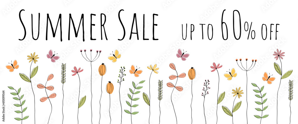 Summer Sale up to 60% off - Schriftzug in englischer Sprache - Sommerschlussverkauf bis zu 60% Rabatt. Verkaufsbanner mit liebevoll gezeichneter Blumenwiese.