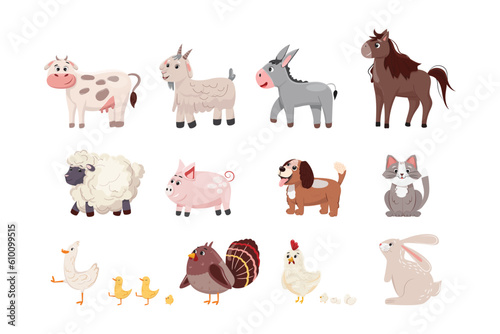 Cute vector cartoon illustration of farm animals on white background.