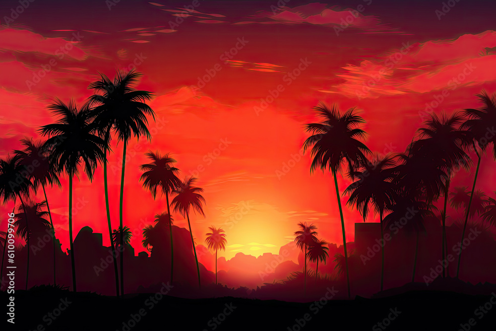 Fiery Sunset Sky Gradient with Silhouette Palm Trees, generative ai