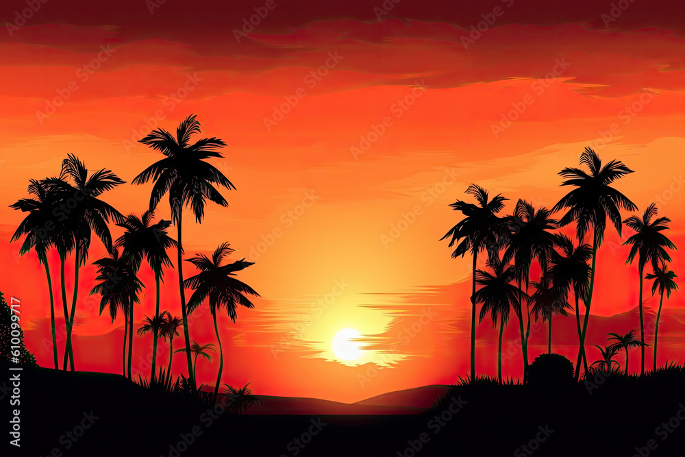 Fiery Sunset Sky Gradient with Silhouette Palm Trees, generative ai