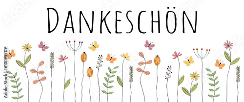 Dankeschön - Schriftzug in deutscher Sprache. Danksagungskarte mit Schmetterlingen über einer Blumenwiese.