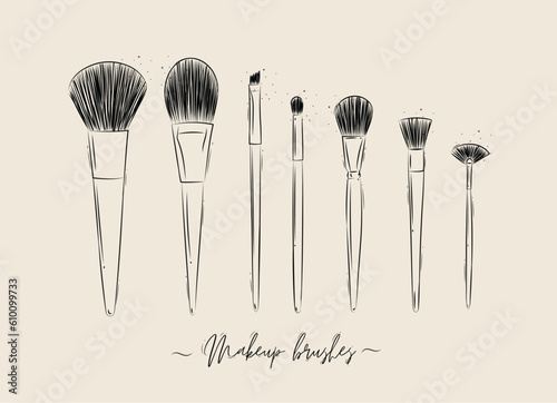 Brushes for makeup, powder, foundation, eye shadow beauty collection drawing on beige background