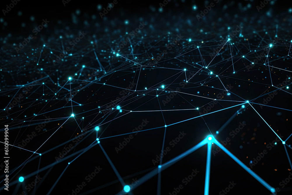 Futuristic grid network with digital nodes and blue neon lines on a ...