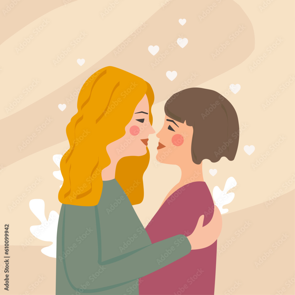 Vector, two married women, hugging, in love, happy, in family, with decorative background of hearts and leaves. Vector, two married women, hugging, in love, happy, in family, with decorative background of hearts and leaves.