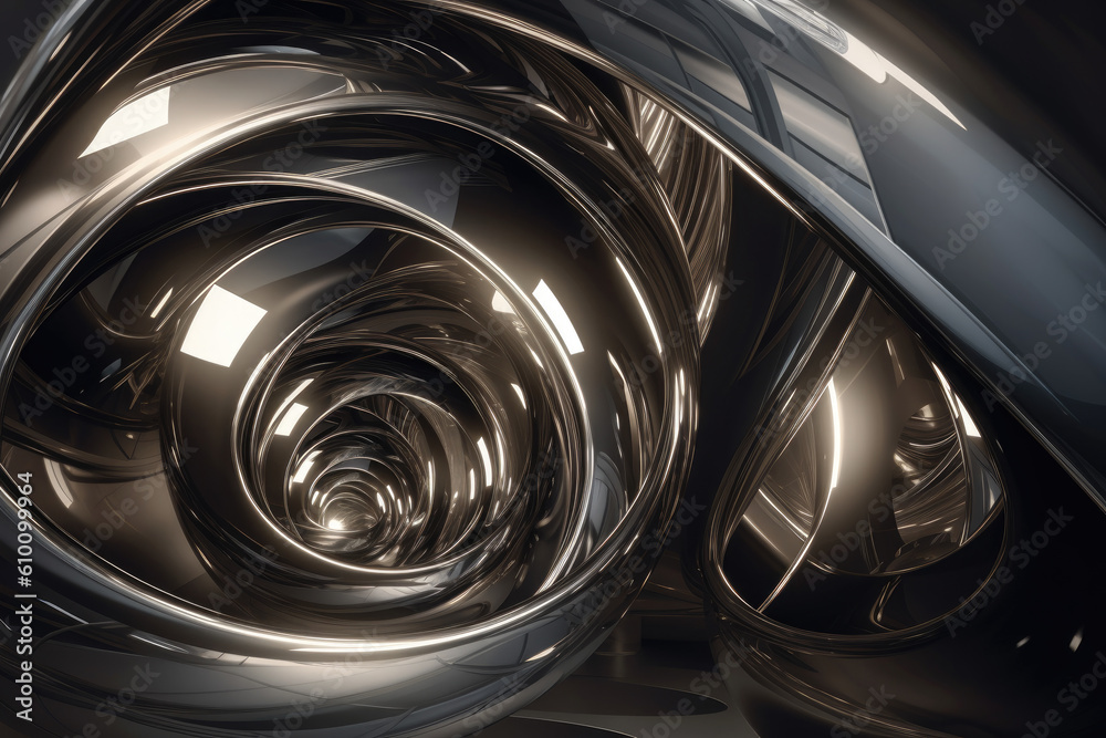Futuristic spiral shapes with a metallic finish, giving a high-tech and modern feel, generative ai
