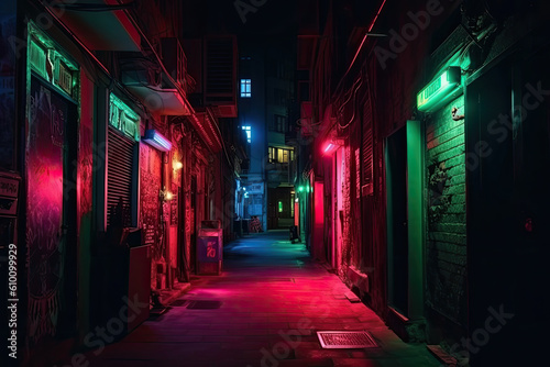 Futuristic neon lights illuminating a dark and mysterious alleyway, generative ai