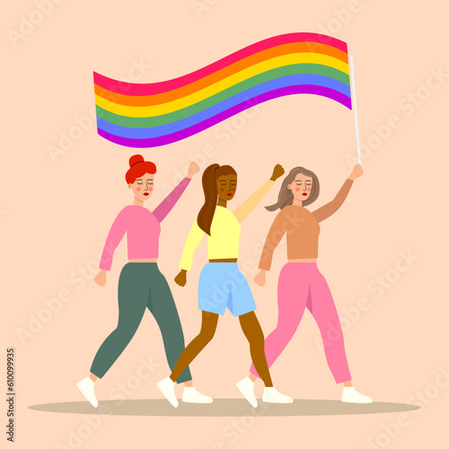Three women carrying high the flag of pride, fighting for their rights.