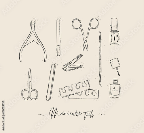 Manicure and pedicure tools collection with wire cutters, nail file, scissors, nail polish, toe separator, cuticle pusher spoon drawing on beige background