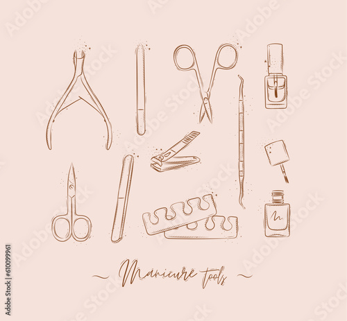 Manicure and pedicure tools collection with wire cutters, nail file, scissors, nail polish, toe separator, cuticle pusher spoon drawing on light brown background