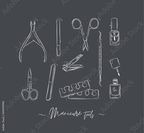 Manicure and pedicure tools collection with wire cutters, nail file, scissors, nail polish, toe separator, cuticle pusher spoon drawing on grey background