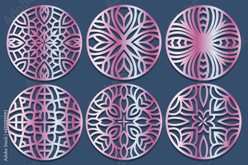 Lotus Mandala Vector Template Set for Cutting and Printing. Oriental silhouette ornament. Vector coaster design Bundle 