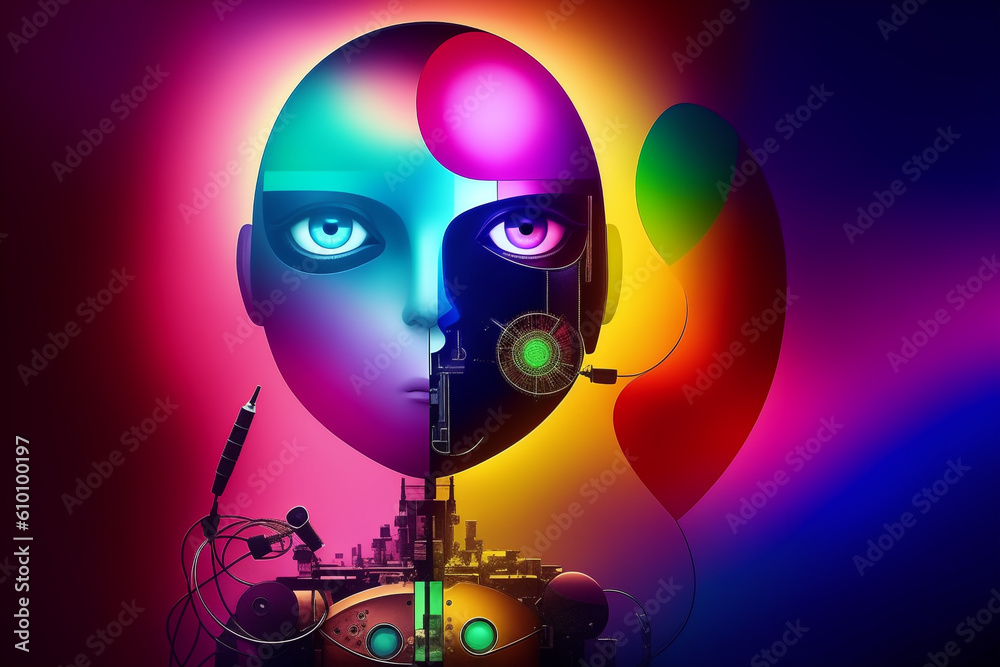 A colorful abstract image of a primitive robot on a brightly colored background. AI generative