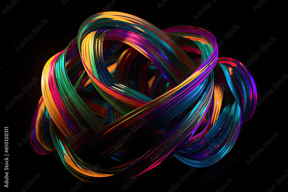 Glowing ribbon strands intertwined in a colorful, abstract pattern against a dark background, generative ai