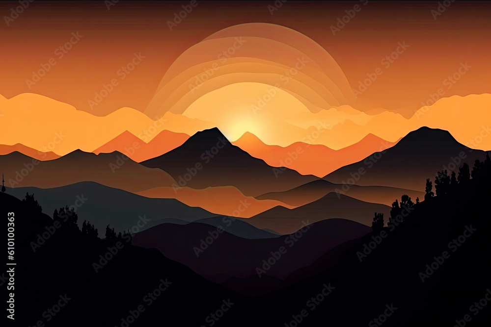 Golden Hour Sunset Gradient with Silhouette Mountains, generative ai