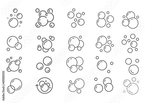 Bubbles flat line icons set. Foam soap, fizzy drink, oxygen bubble pictogram, effervescent effect vector illustration, outline sign. photo